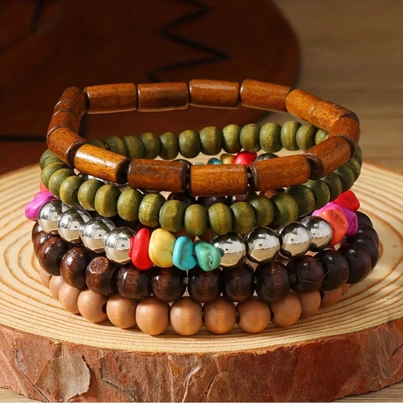 🔴 5 for $10 ONE Elegant Cream Wooden Beaded Stretchy Bracelet - Picture 9 of 16